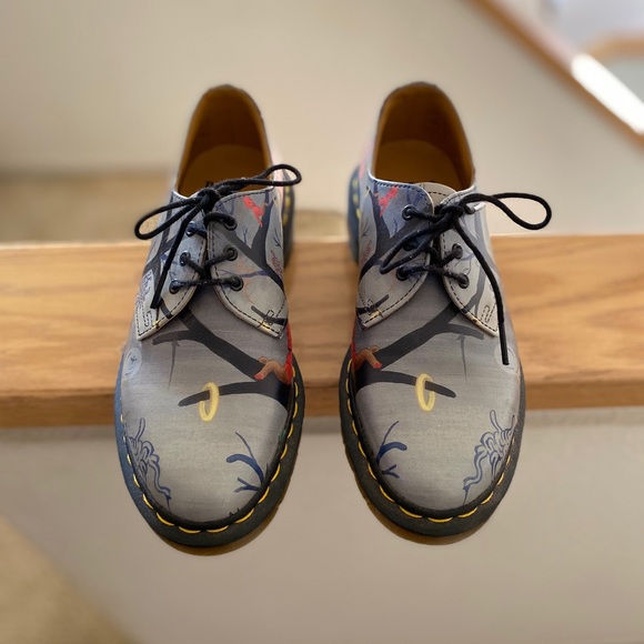 Dr. Martens Shoes - Dr. Martens Gray Graphic Lace-Up Shoes with Black Laces and Yellow Stitching